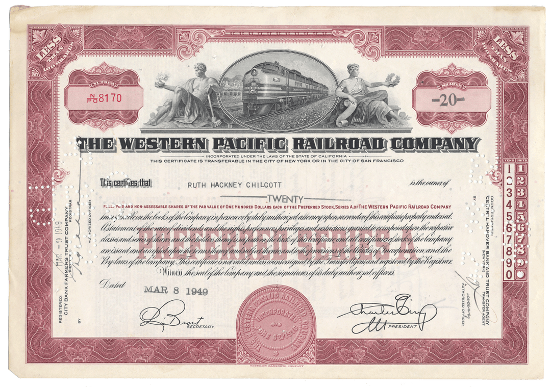 Vintage stock certificate of the Western Pacific Railroad Company from 1949