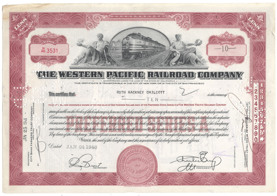 A vintage Western Pacific Railroad company stock certificate from 1946