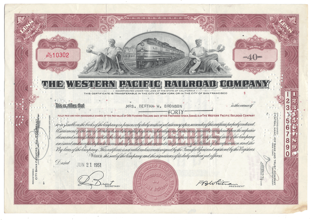 Stock certificate of The Western Pacific Railroad Company from 1951
