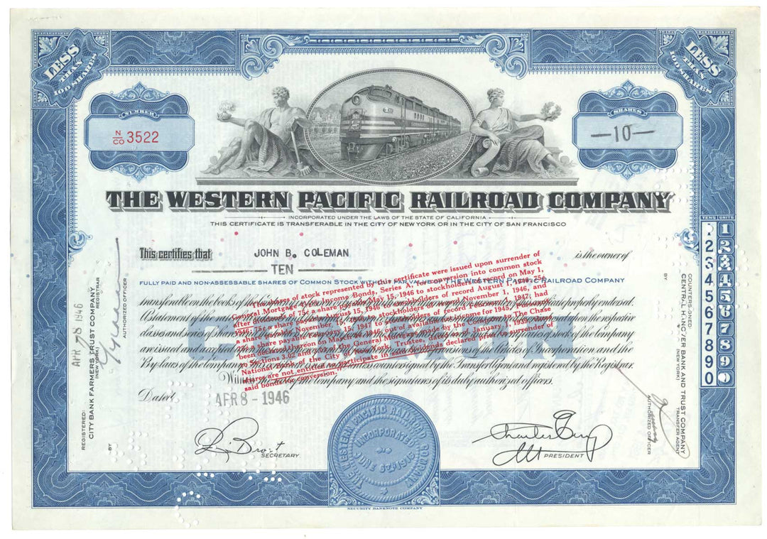 Western Pacific Railroad Company Stock Certificate