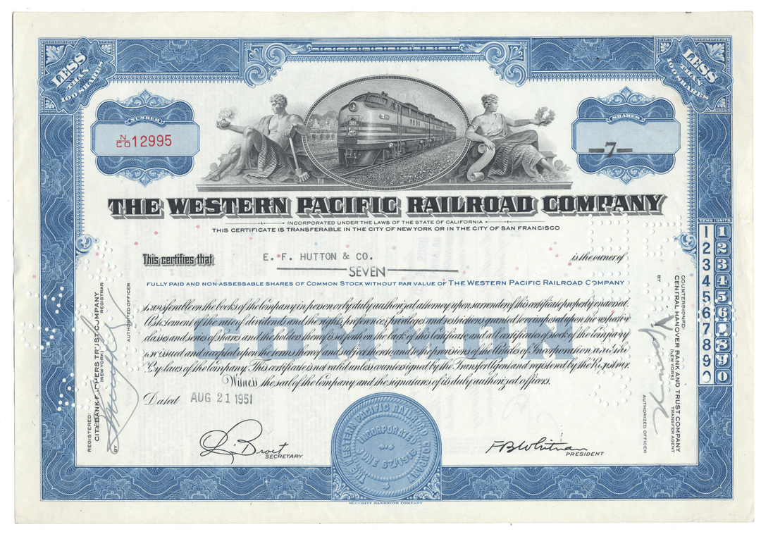 Stock certificate of the Western Pacific Railroad Company from 1951