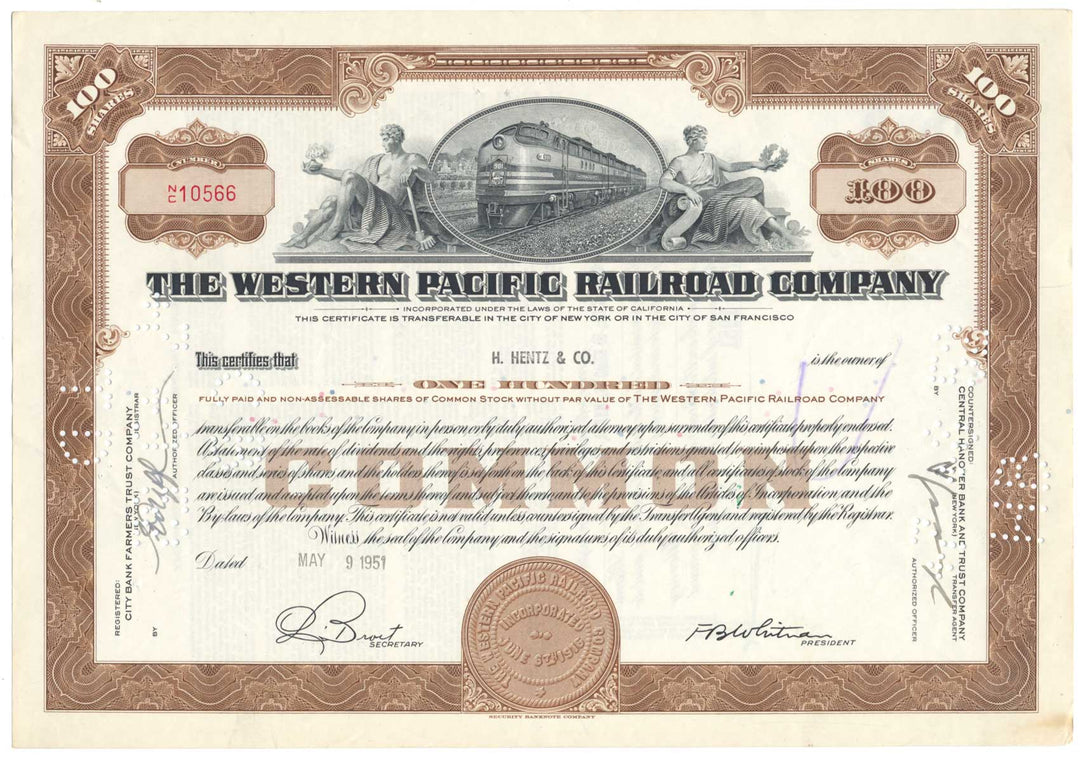 Western Pacific Railroad Company Stock Certificate