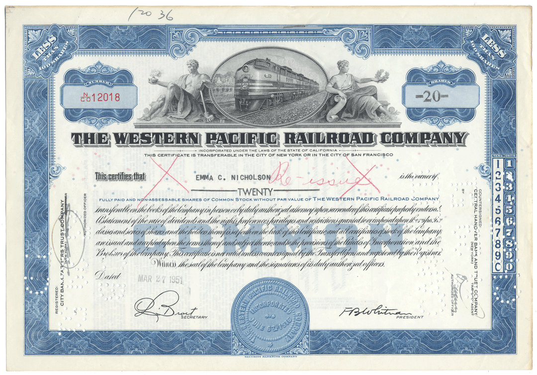 Western Pacific Railroad Company Stock Certificate