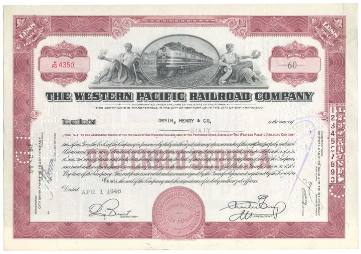 Western Pacific Railroad Company Stock Certificate