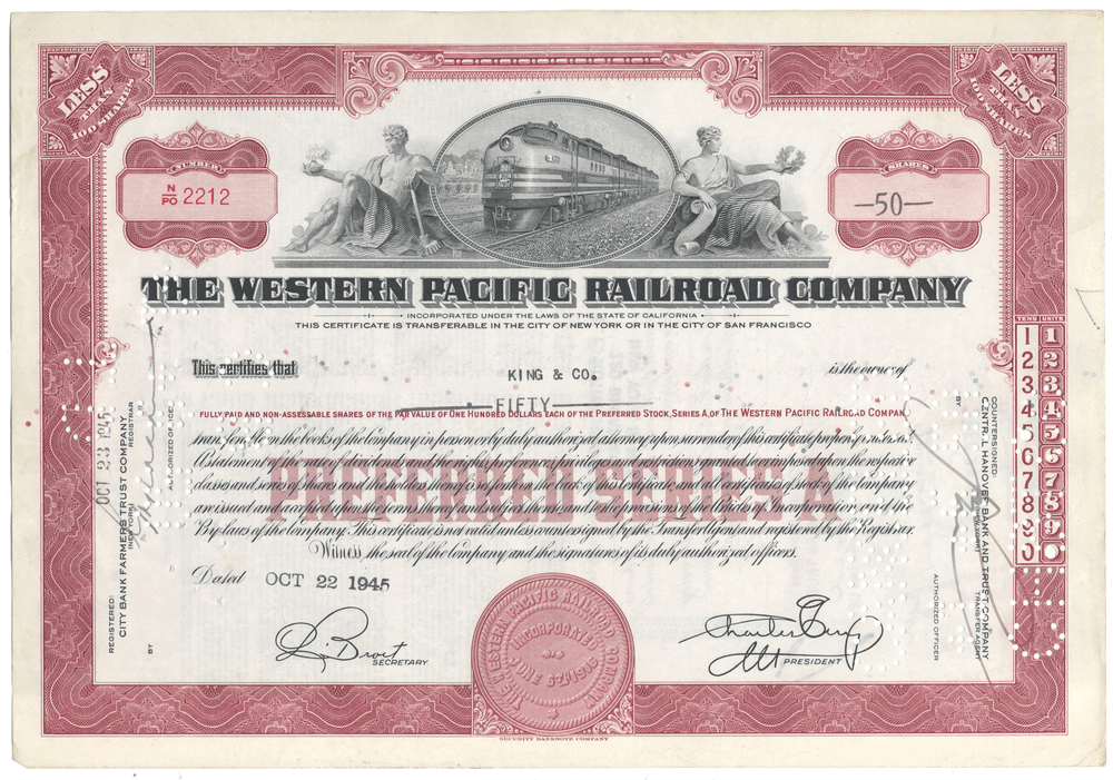 Western Pacific Railroad Company Stock Certificate