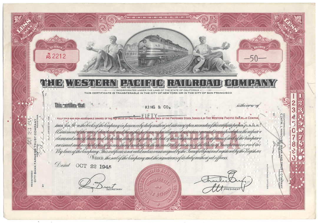 Western Pacific Railroad Company Stock Certificate