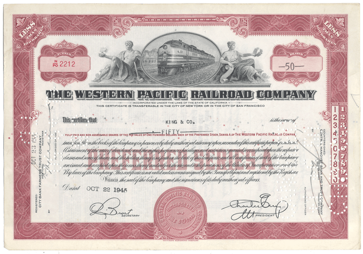 Western Pacific Railroad Company Stock Certificate
