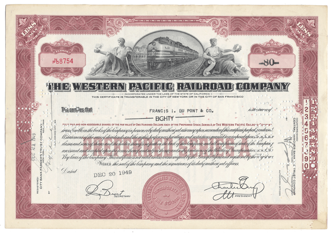Vintage stock certificate of the Western Pacific Railroad Company