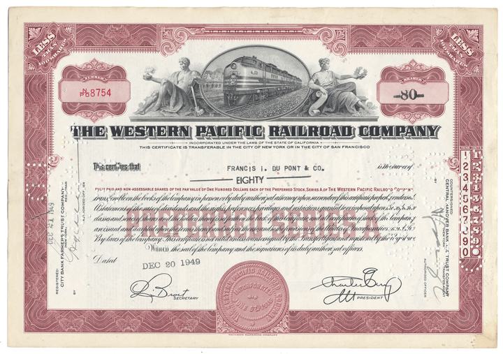 Vintage stock certificate of the Western Pacific Railroad Company