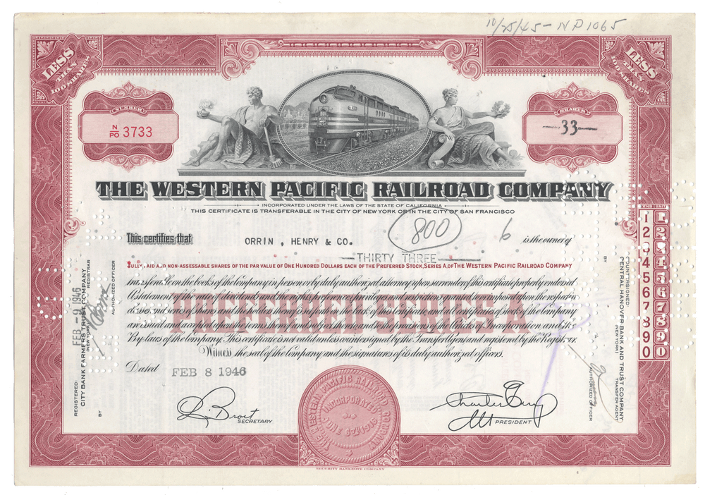 Vintage stock certificate of The Western Pacific Railroad Company from 1946