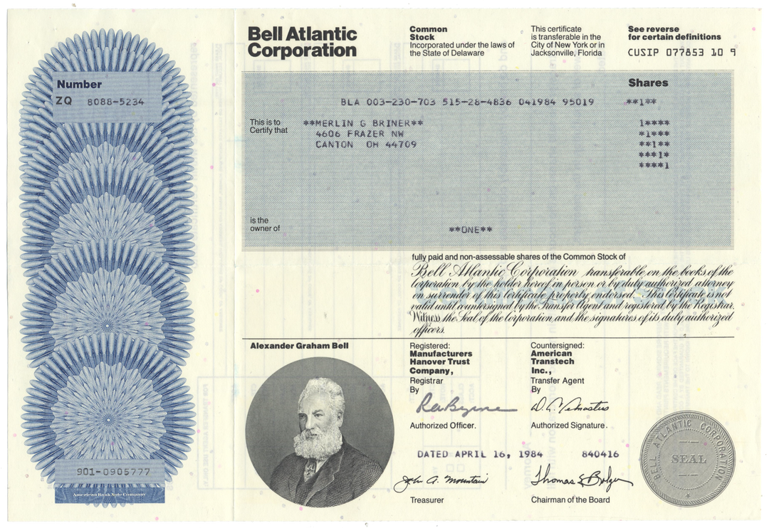 Bell Atlantic Corporation Stock Certificate