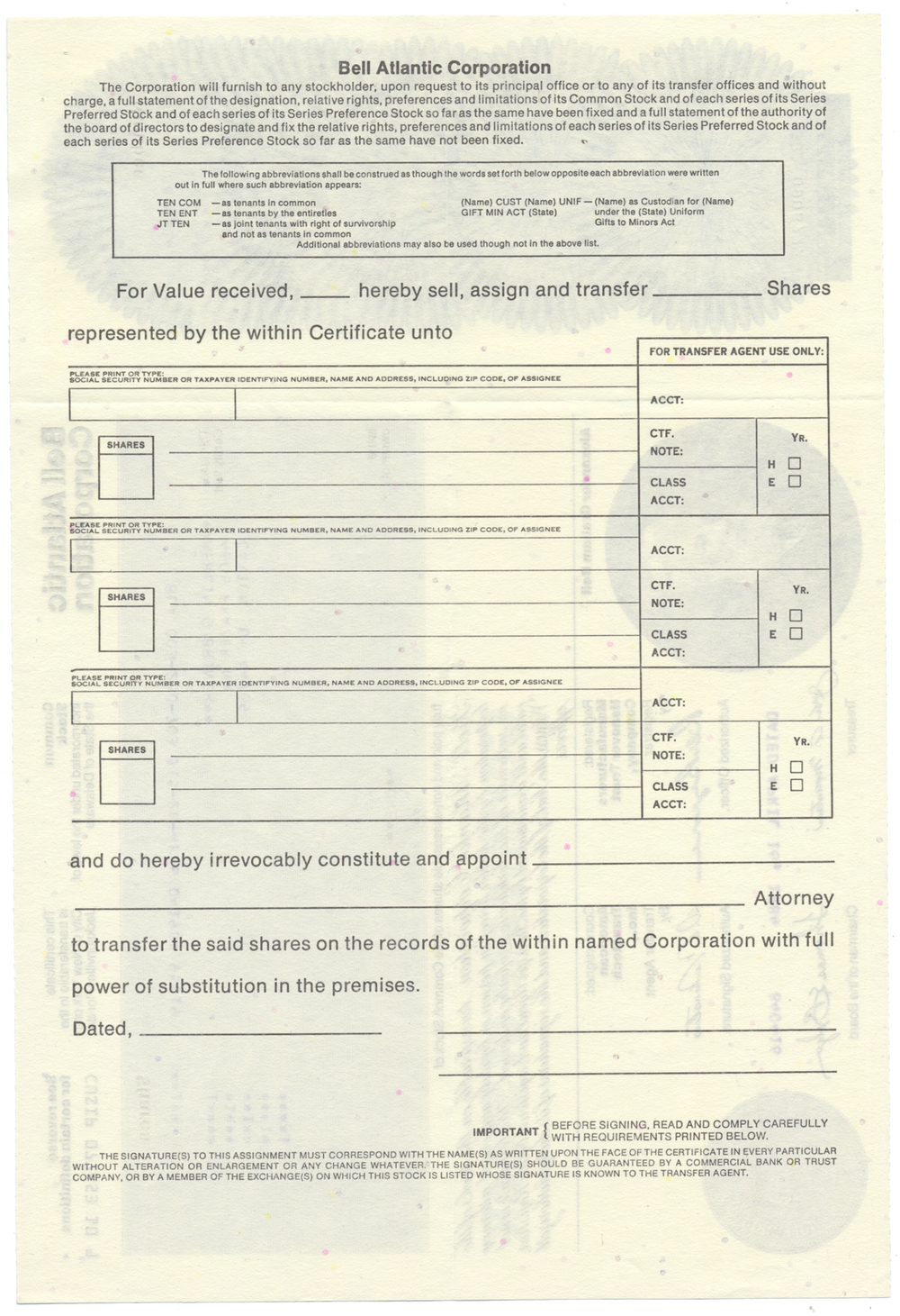 Bell Atlantic Corporation Stock Certificate