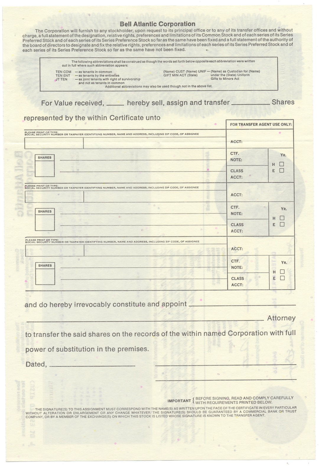 Bell Atlantic Corporation Stock Certificate