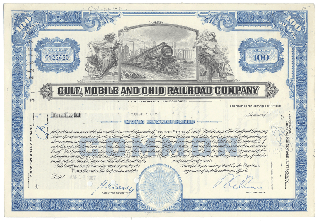Gulf, Mobile and Ohio Railroad Company stock certificate with blue border and train illustration.