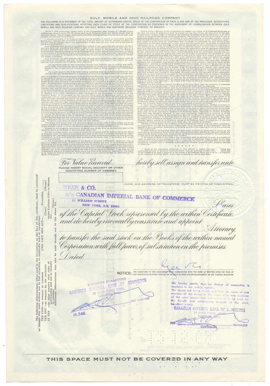 Gulf, Mobile and Ohio Railroad Company Stock Certificate