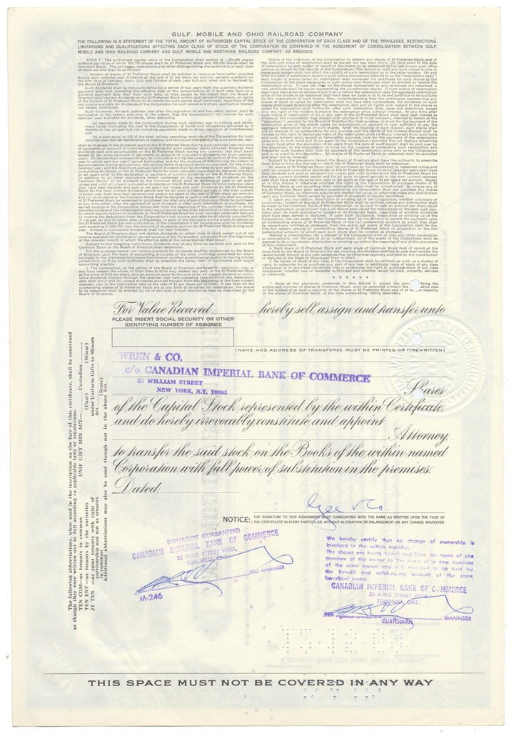 Gulf, Mobile and Ohio Railroad Company Stock Certificate