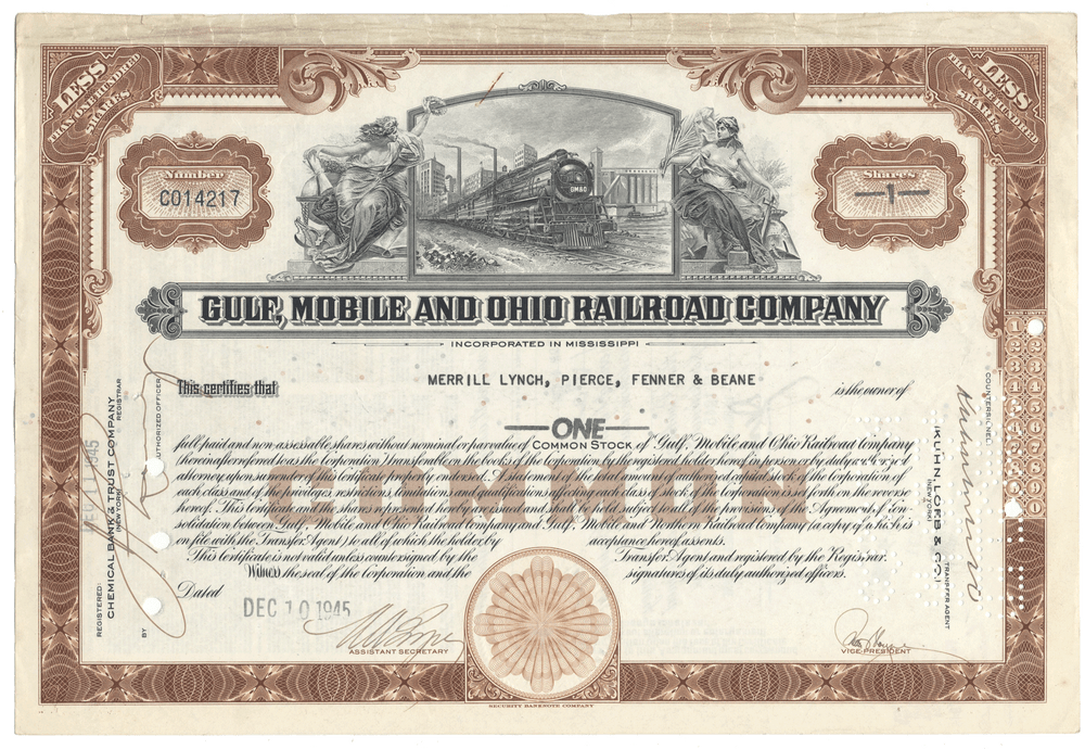 Gulf, Mobile and Ohio Railroad Company stock certificate with decorative elements and text.