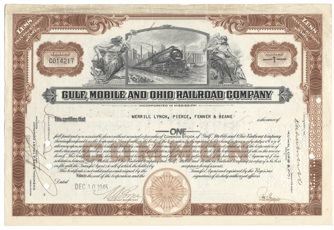 Gulf, Mobile and Ohio Railroad Company stock certificate with decorative elements and text.