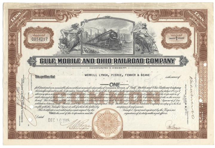 Gulf, Mobile and Ohio Railroad Company stock certificate with decorative elements and text.