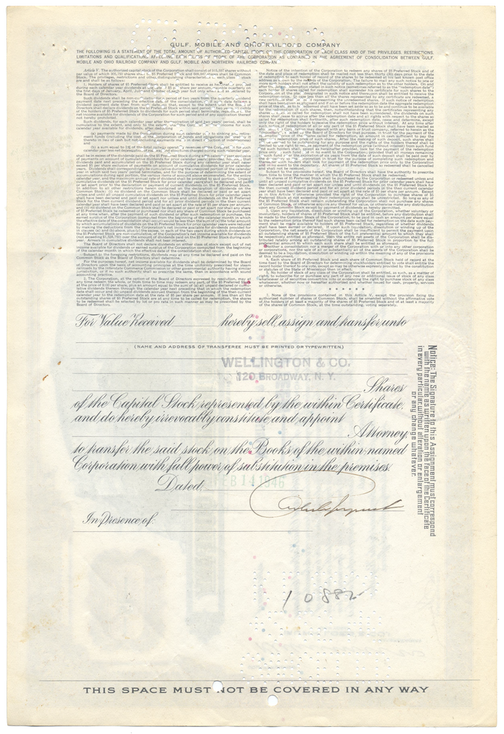 Gulf, Mobile and Ohio Railroad Company Stock Certificate