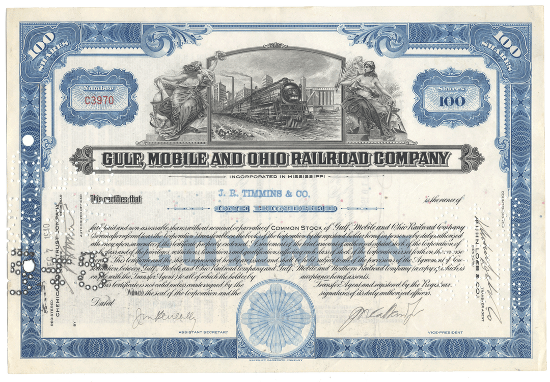 Stock certificate of the Gulf, Mobile and Ohio Railroad Company