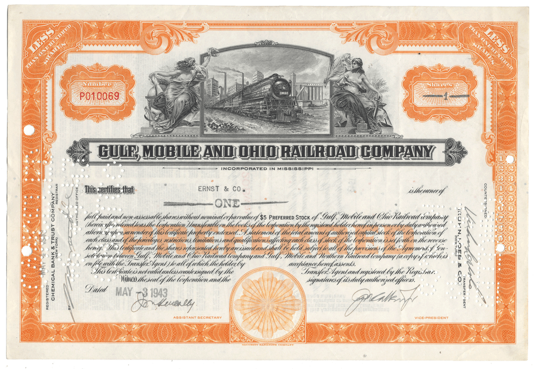 A vintage Gulf, Mobile and Ohio Railroad Company stock certificate from 1943