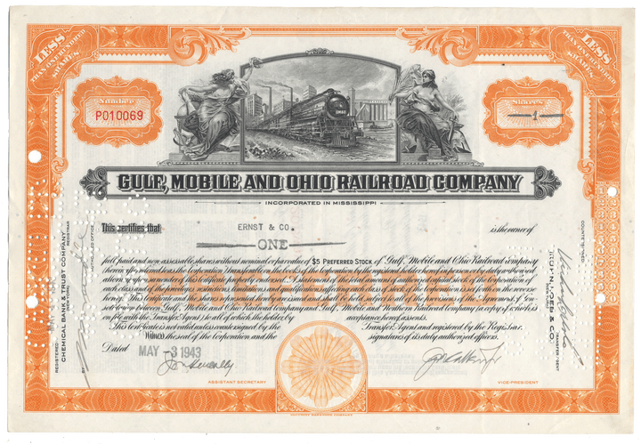 A vintage Gulf, Mobile and Ohio Railroad Company stock certificate from 1943