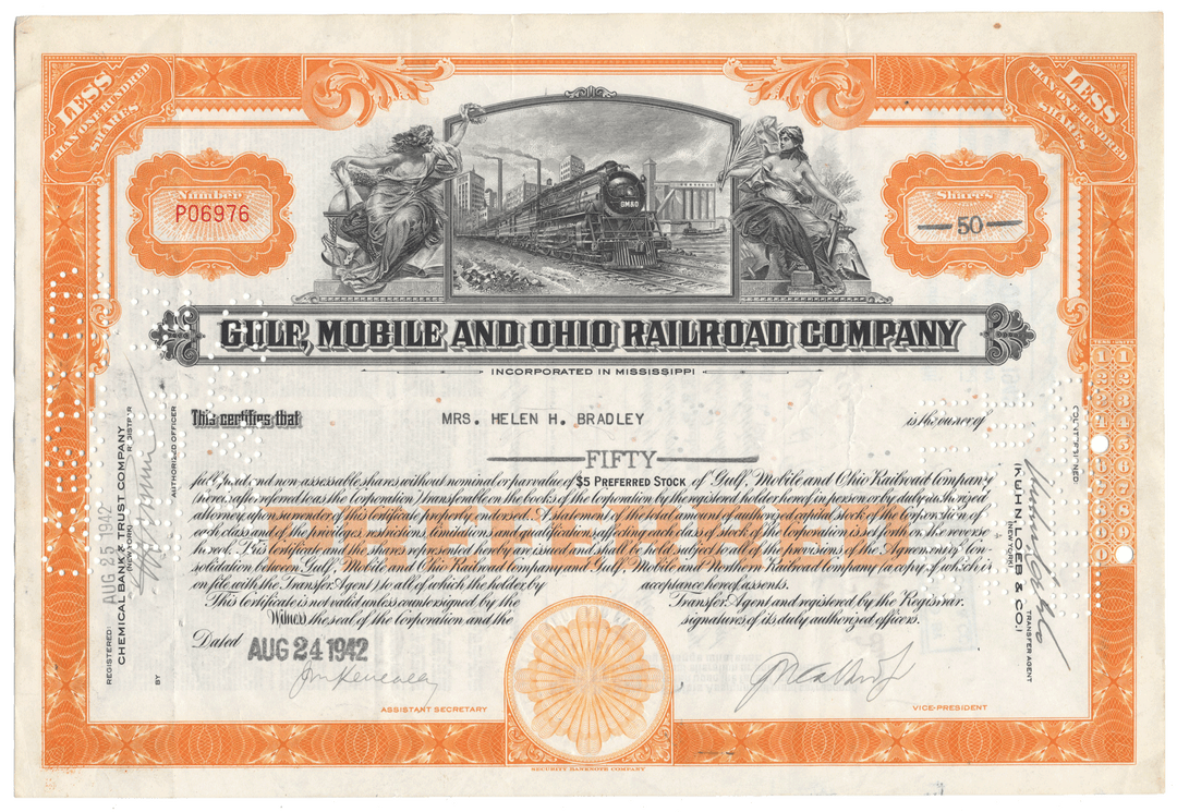 Gulf, Mobile and Ohio Railroad Company stock certificate with a steam locomotive illustration.