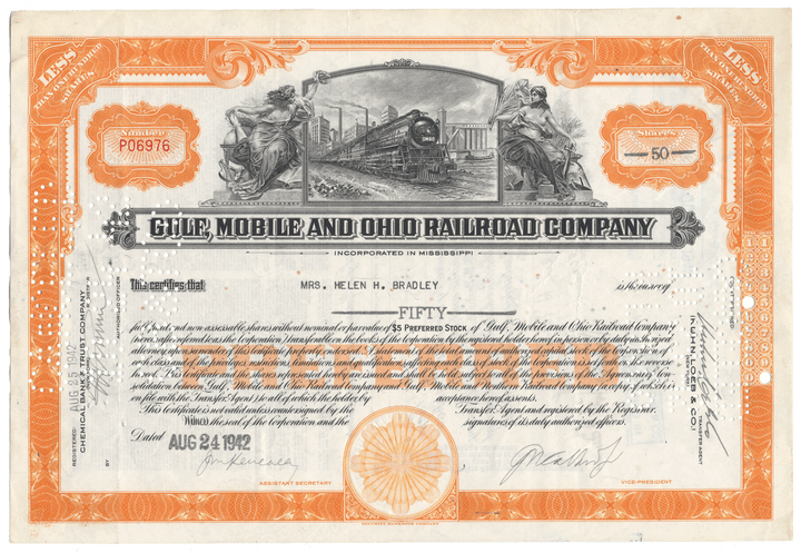 Gulf, Mobile and Ohio Railroad Company stock certificate with a steam locomotive illustration.