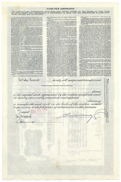Pathe Film Corporation Stock Certificate
