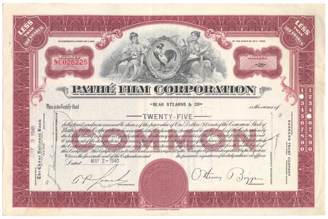 Pathe Film Corporation Stock Certificate