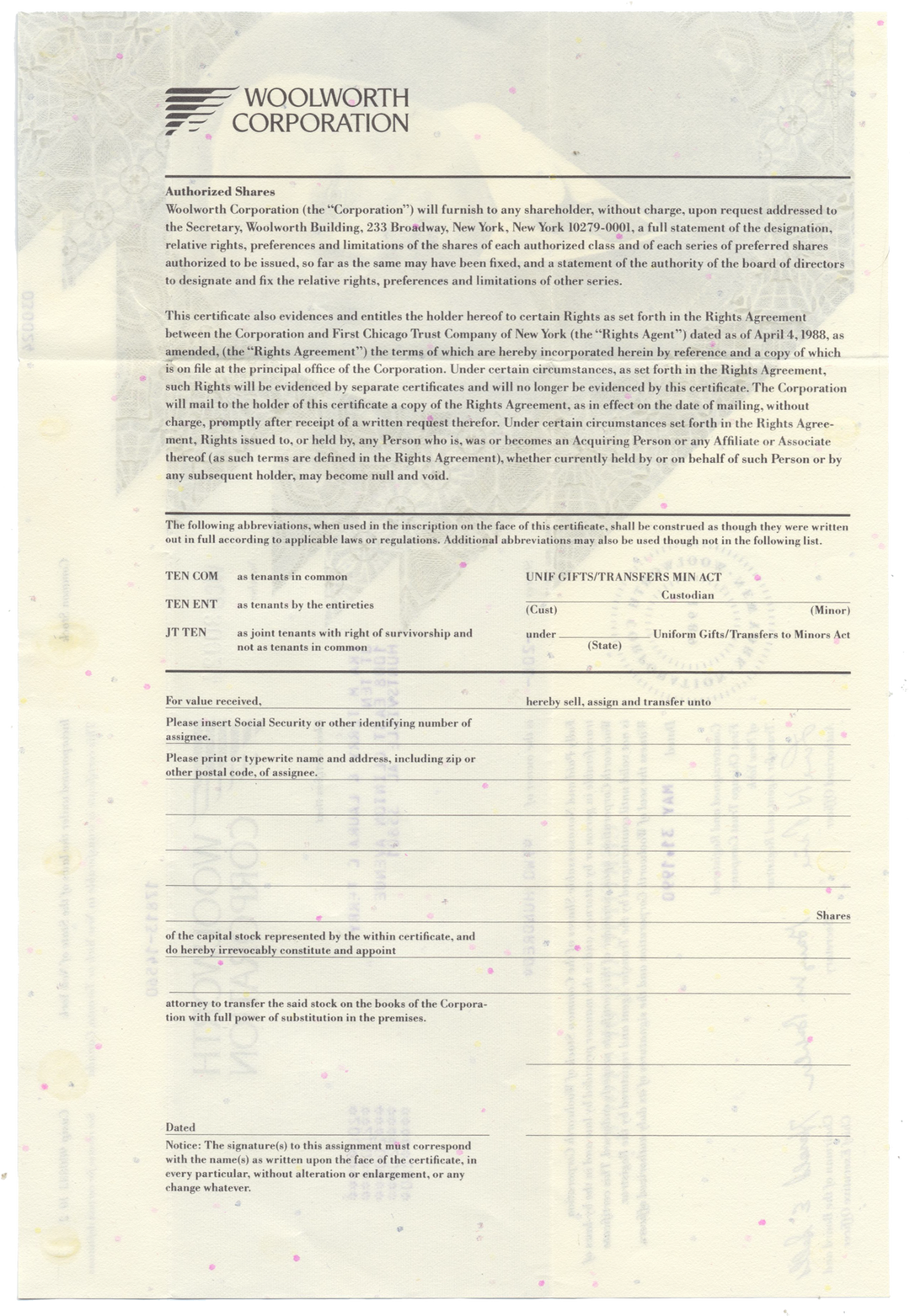 Woolworth Corporation Stock Certificate