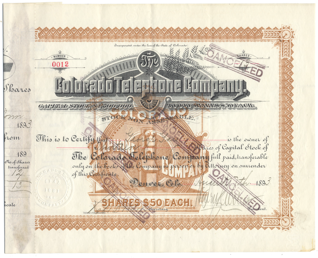 Colorado Telephone Company Stock Certificate