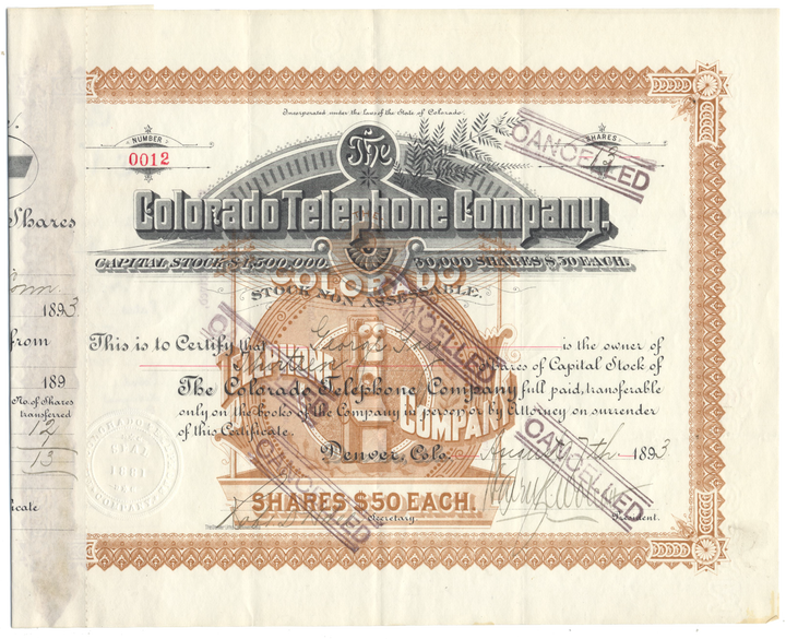 Colorado Telephone Company Stock Certificate