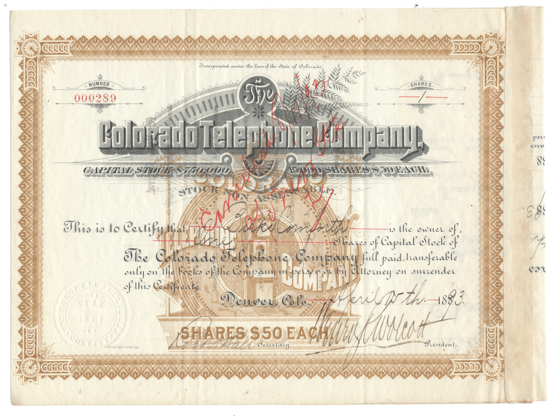 Vintage stock certificate of The Colorado Telephone Company with decorative elements and text from 1893