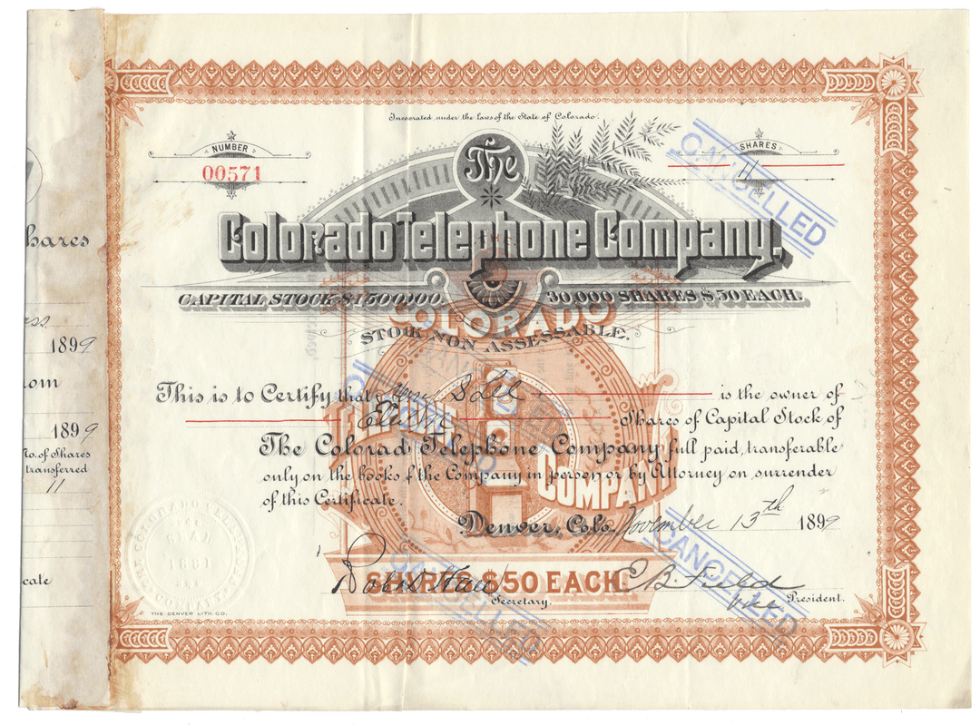 Vintage stock certificate from The Colorado Telephone Company from 1899 with decorative elements.