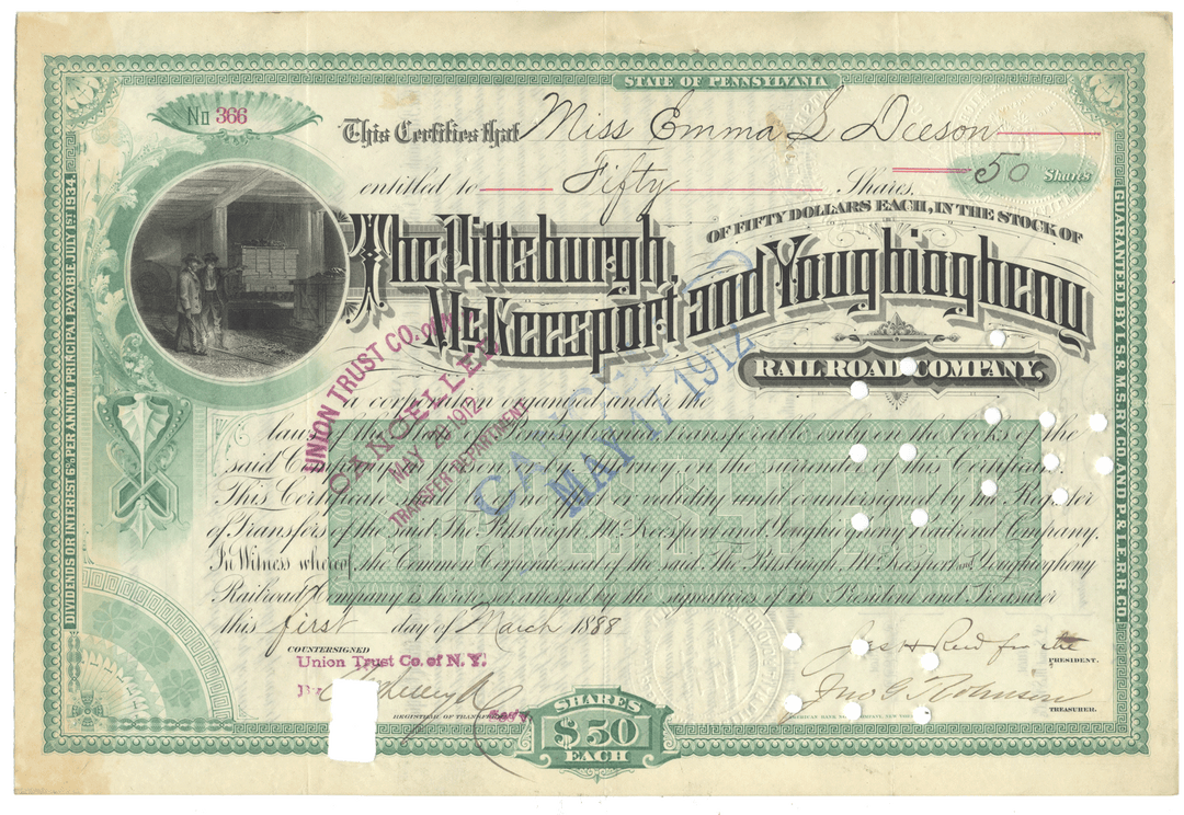 Historical stock certificate from the Pittsburgh, McKeesport & Youghiogheny Railroad Company