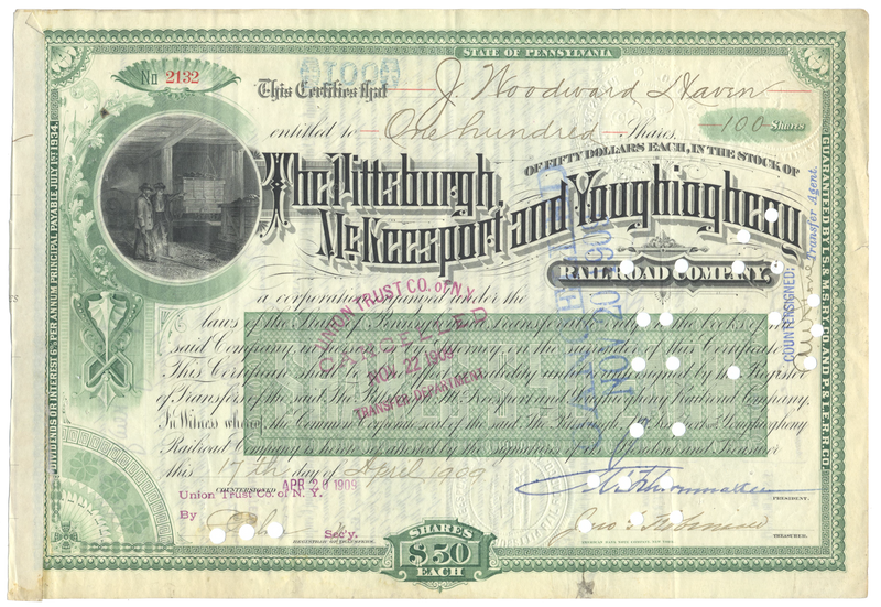 Pittsburgh, McKeesport and Youghiogheny Railroad Company Stock Certificate
