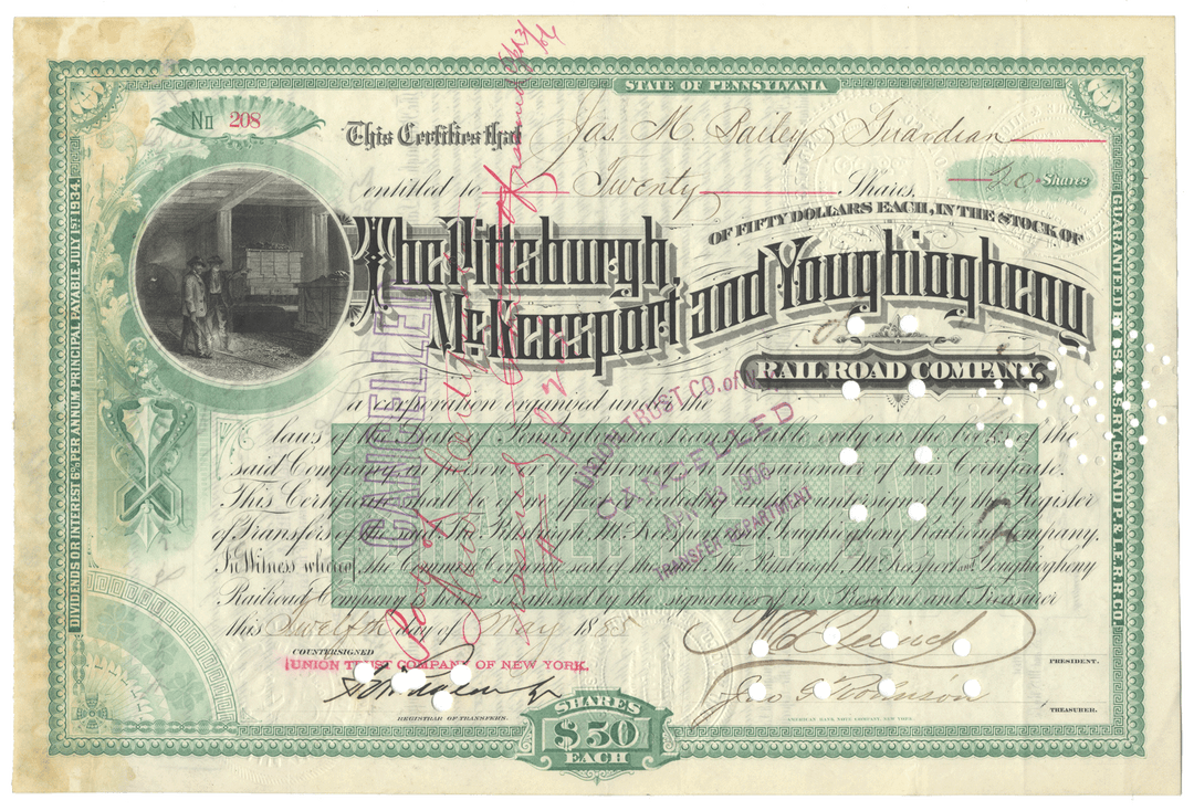 Historical stock certificate for the Pittsburgh, McKeesport & Youughiogheny Railroad