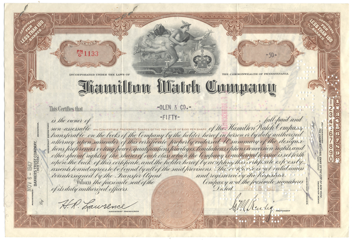 Hamilton Watch Company Stock Certificate