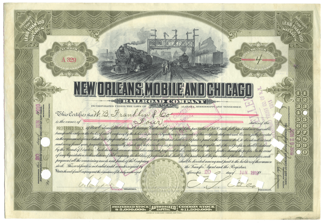New Orleans, Mobile and Chicago Railroad Company Stock Certificate from 1910
