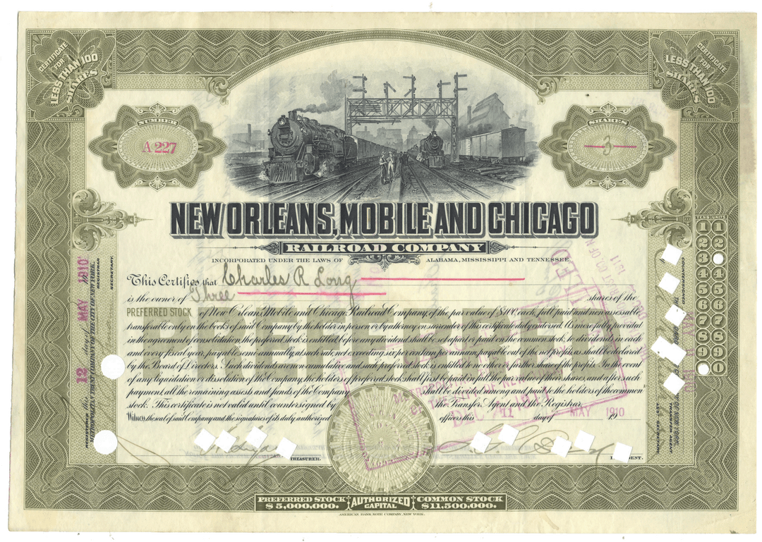 Vintage stock certificate for New Orleans, Mobile and Chicago Railroad Company with decorative elements from 1910