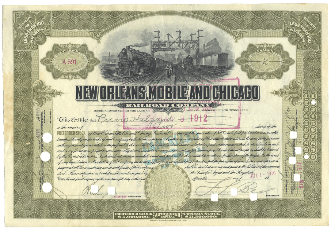 New Orleans, Mobile and Chicago Railroad Company Stock Certificate