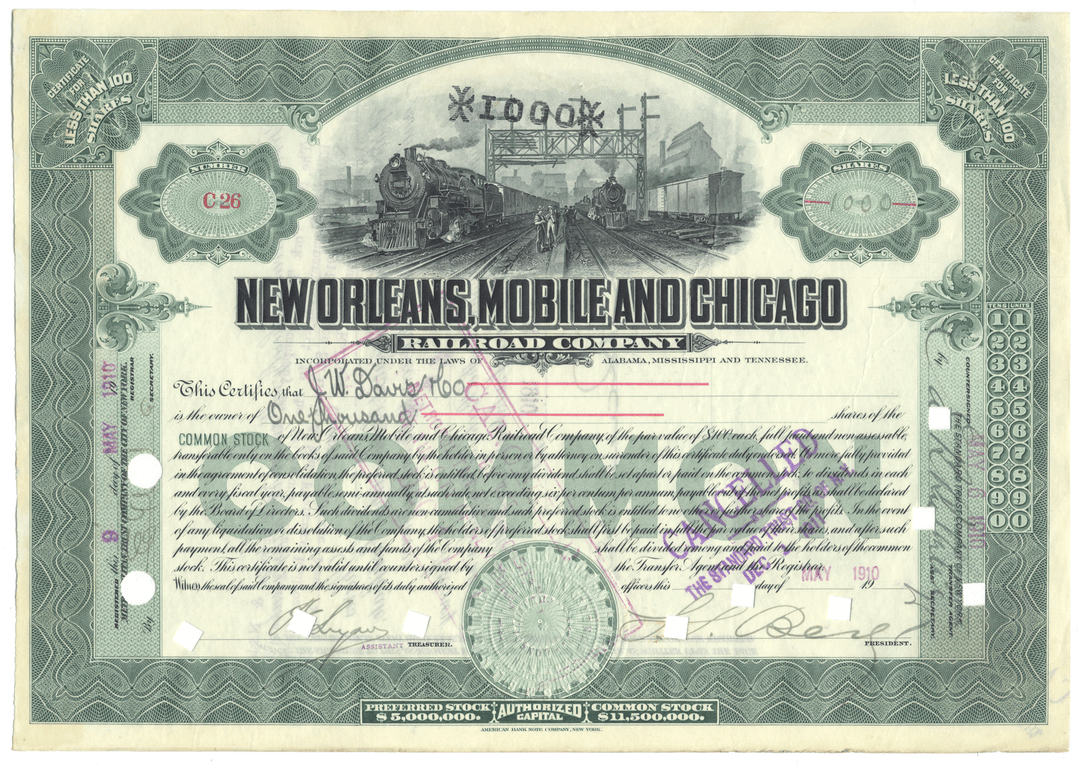 New Orleans, Mobile and Chicago Railroad Company Stock Certificate