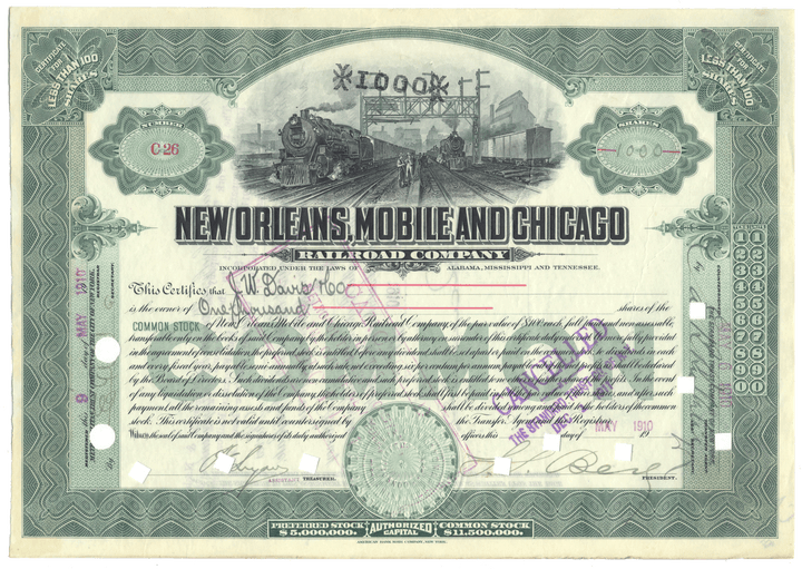 New Orleans, Mobile and Chicago Railroad Company Stock Certificate