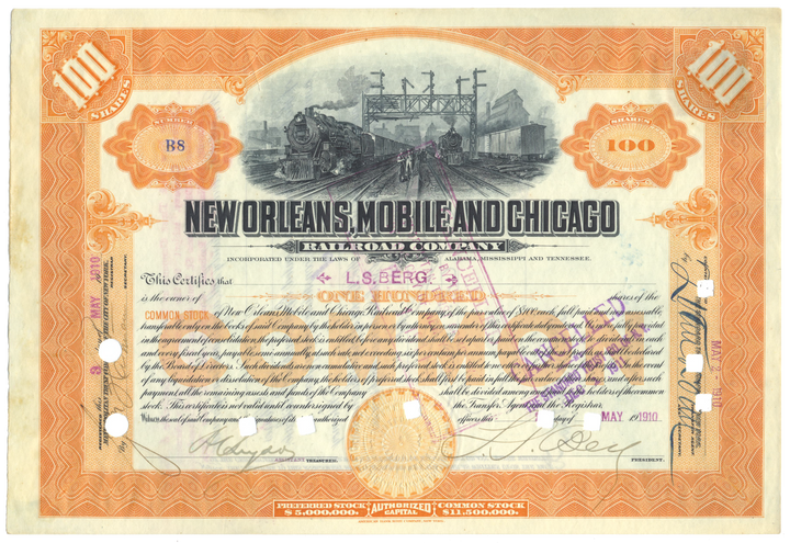 New Orleans, Mobile and Chicago Railroad Company Stock Certificate