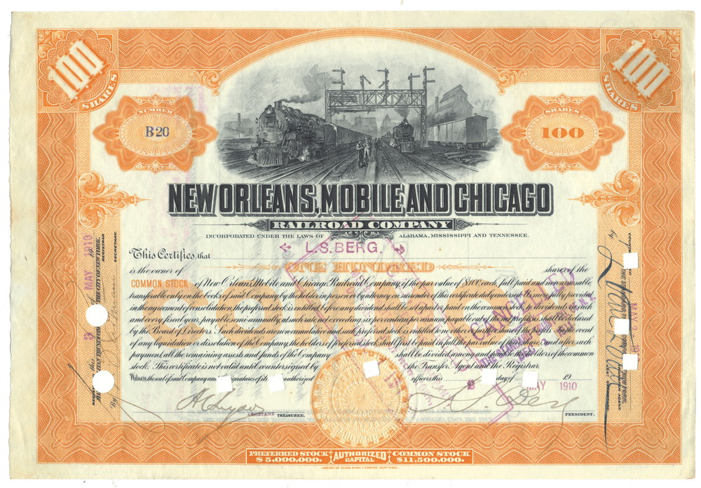 Vintage stock certificate for New Orleans, Mobile and Chicago Railroad with train illustration.