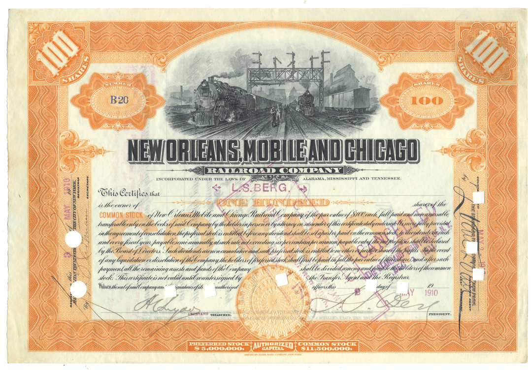 Vintage stock certificate for New Orleans, Mobile and Chicago Railroad with train illustration.