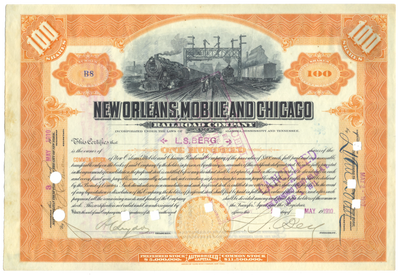 New Orleans, Mobile and Chicago Railroad Company Stock Certificate