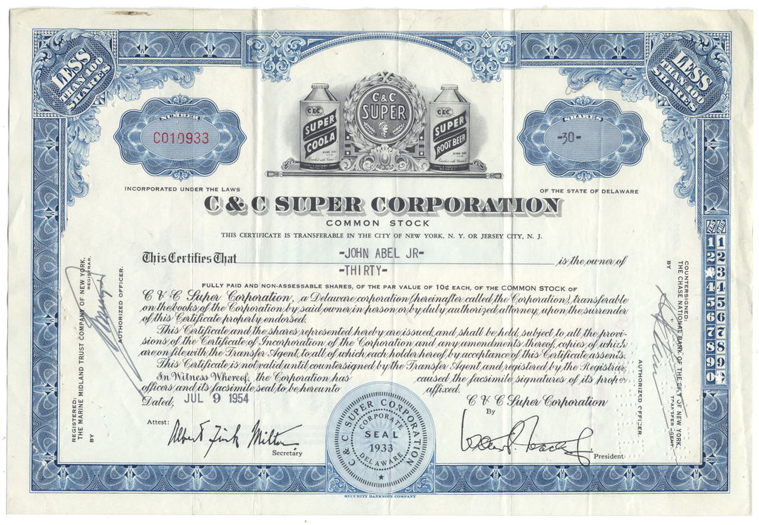 C & C Super Corporation Stock Certificate